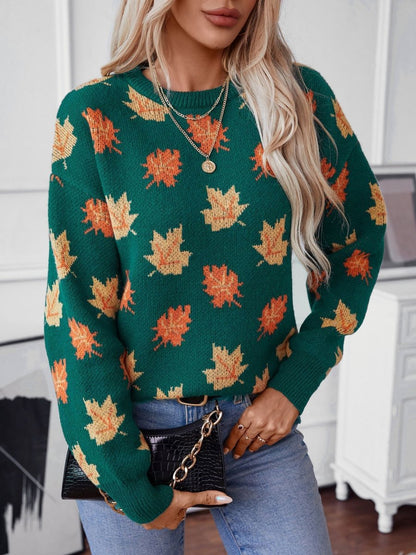 Maple Leaf Pattern Casual Knit Sweater speciaic
