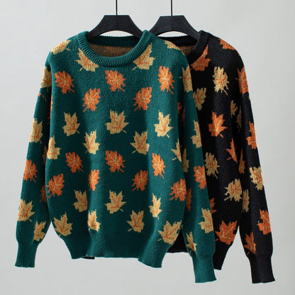 Maple Leaf Pattern Casual Knit Sweater speciaic