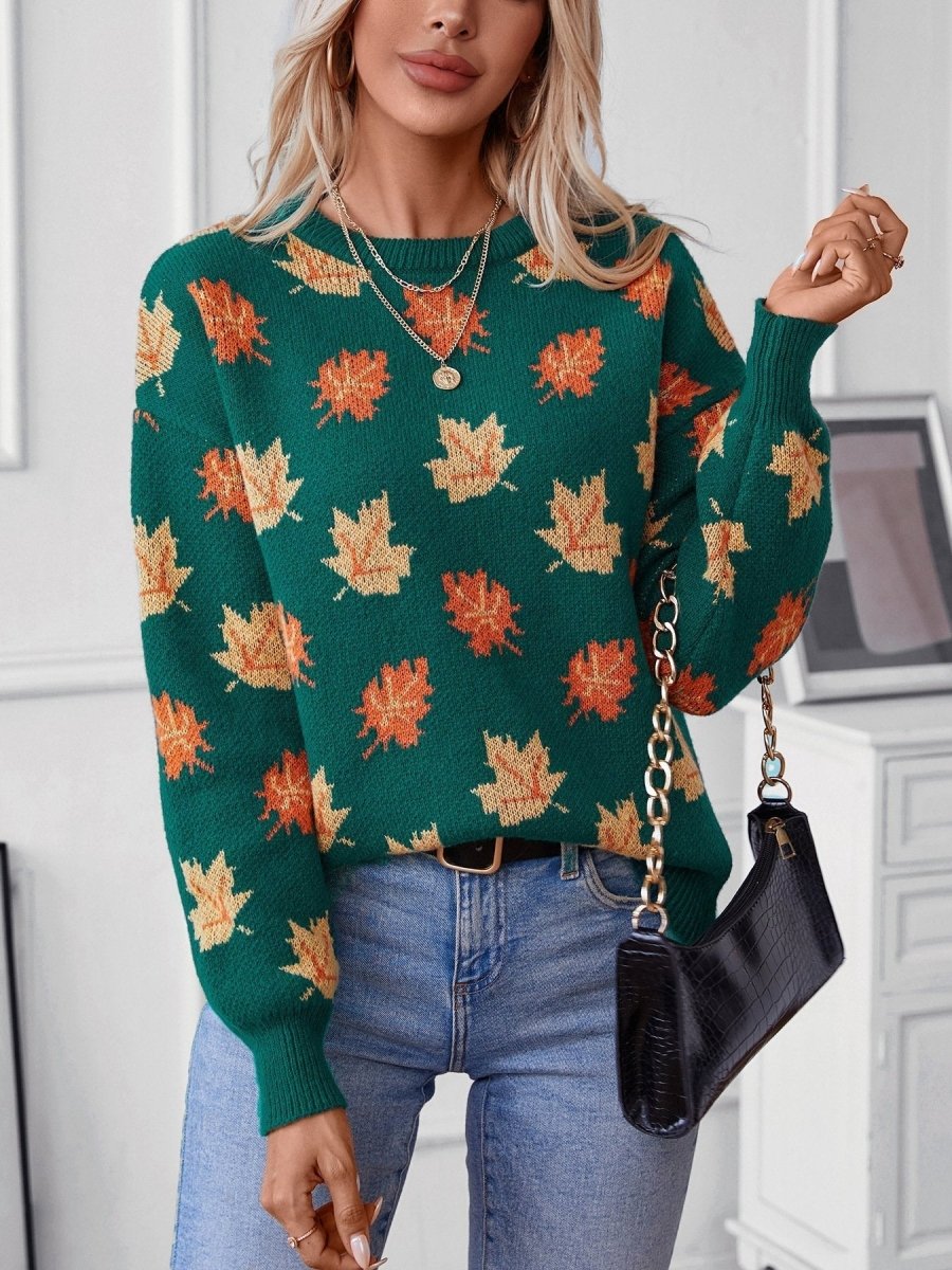 Maple Leaf Pattern Casual Knit Sweater speciaic