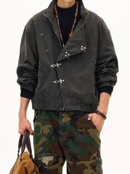 Metal Button Collared Slant Placket Soft Warm Coat laseze