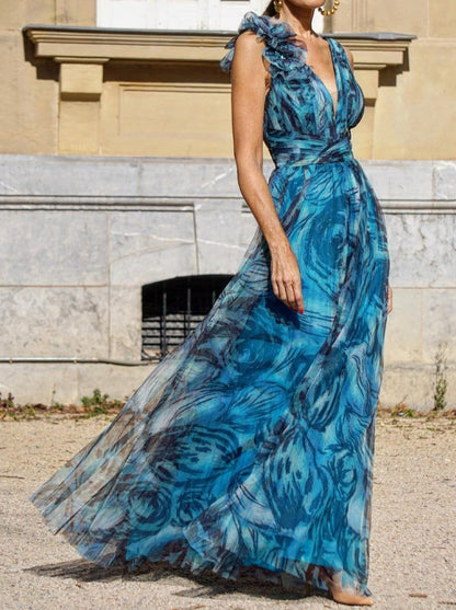 Multi - layered Blue Long Dress - laseze