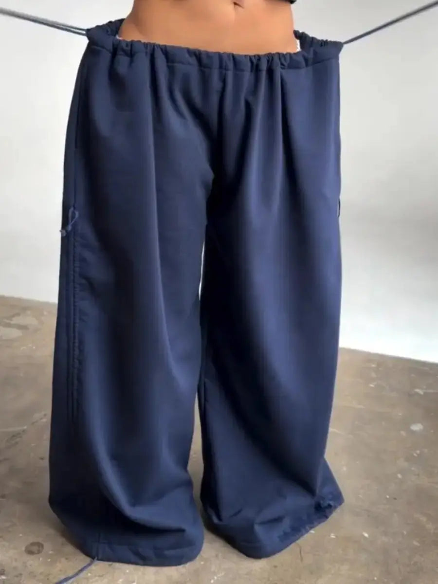 Navy Adjustable Ruched Wide - Leg Lounge Pants - laseze