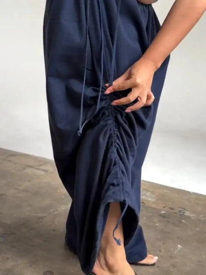 Navy Adjustable Ruched Wide - Leg Lounge Pants - laseze