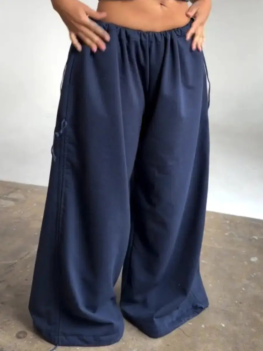 Navy Adjustable Ruched Wide - Leg Lounge Pants - laseze