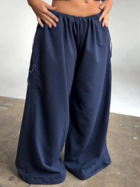 Navy Adjustable Ruched Wide - Leg Lounge Pants - laseze