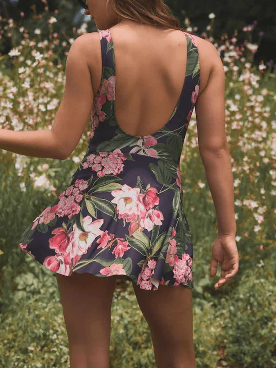 Navy Floral Skirted Swim Dress - laseze