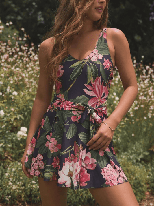 Navy Floral Skirted Swim Dress - laseze