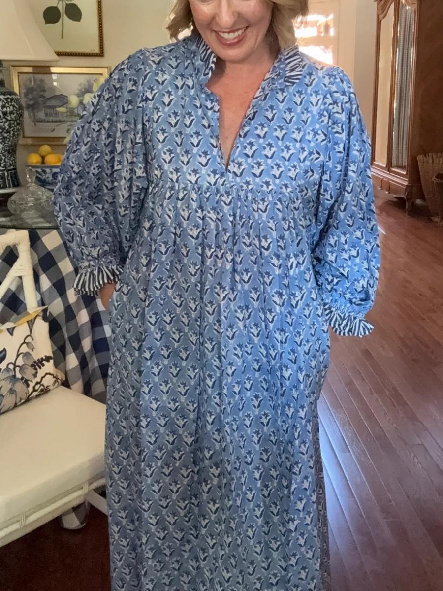 Newest Cotton Block Print Maxi Dress - laseze