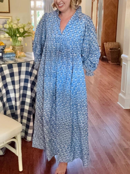 Newest Cotton Block Print Maxi Dress - laseze