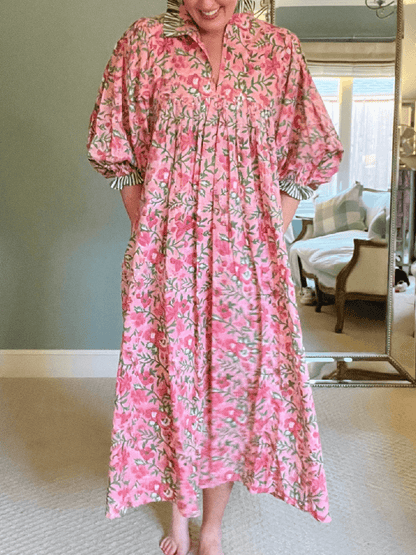 Newest Cotton Block Print Maxi Dress - laseze