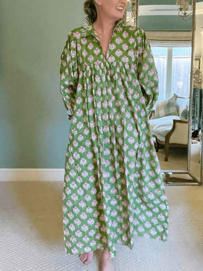Newest Cotton Block Print Maxi Dress - laseze