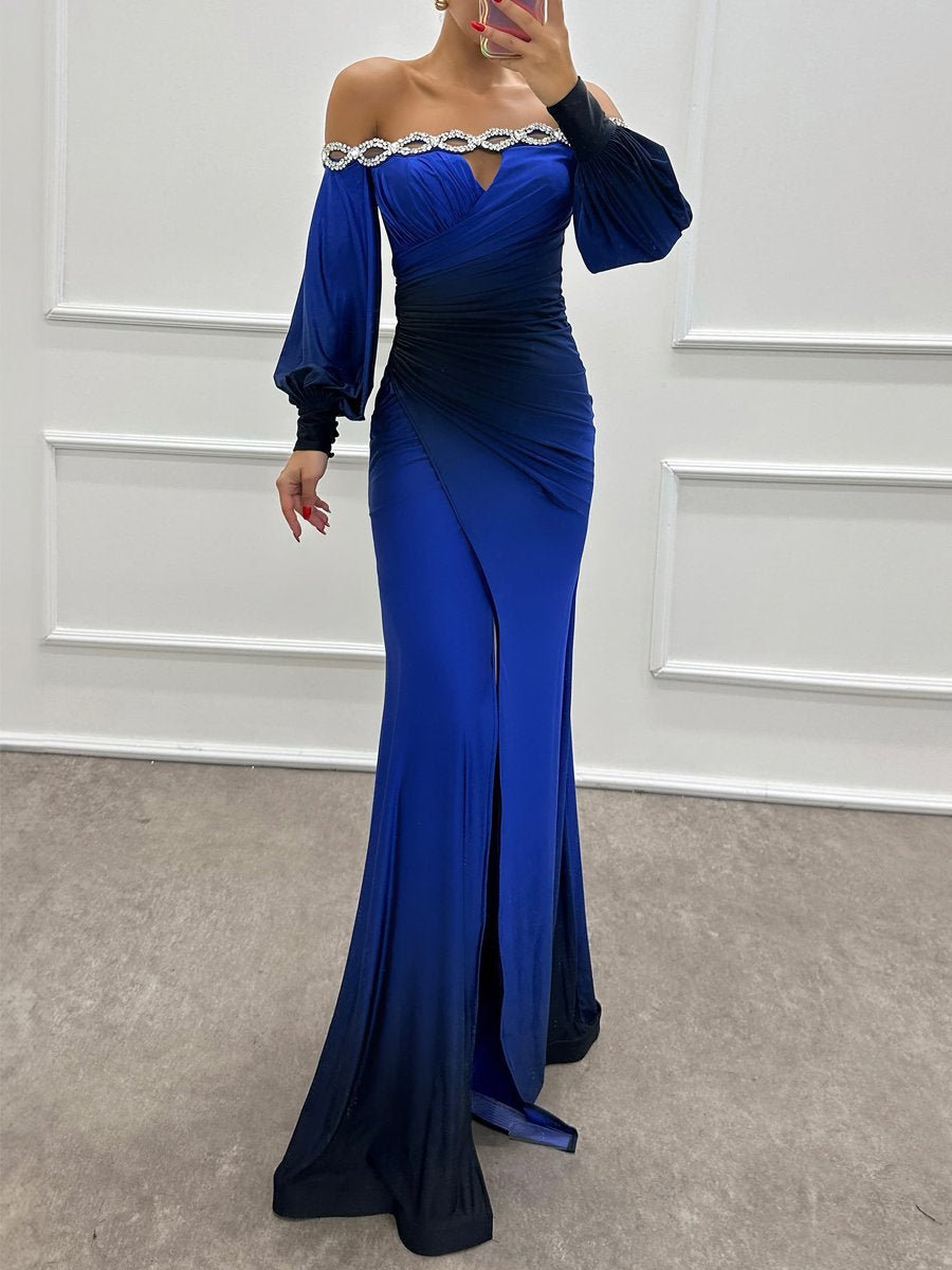 Off Shoulder Rhinestone Sparkle Long Sleeve Party Dress speciaic