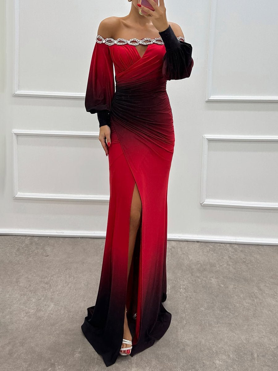 Off Shoulder Rhinestone Sparkle Long Sleeve Party Dress speciaic