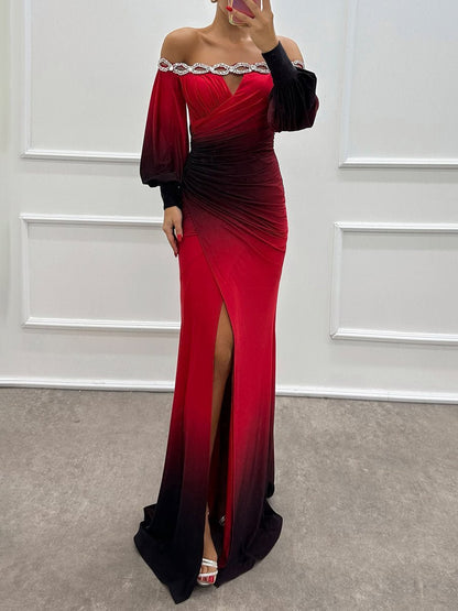 Off Shoulder Rhinestone Sparkle Long Sleeve Party Dress speciaic