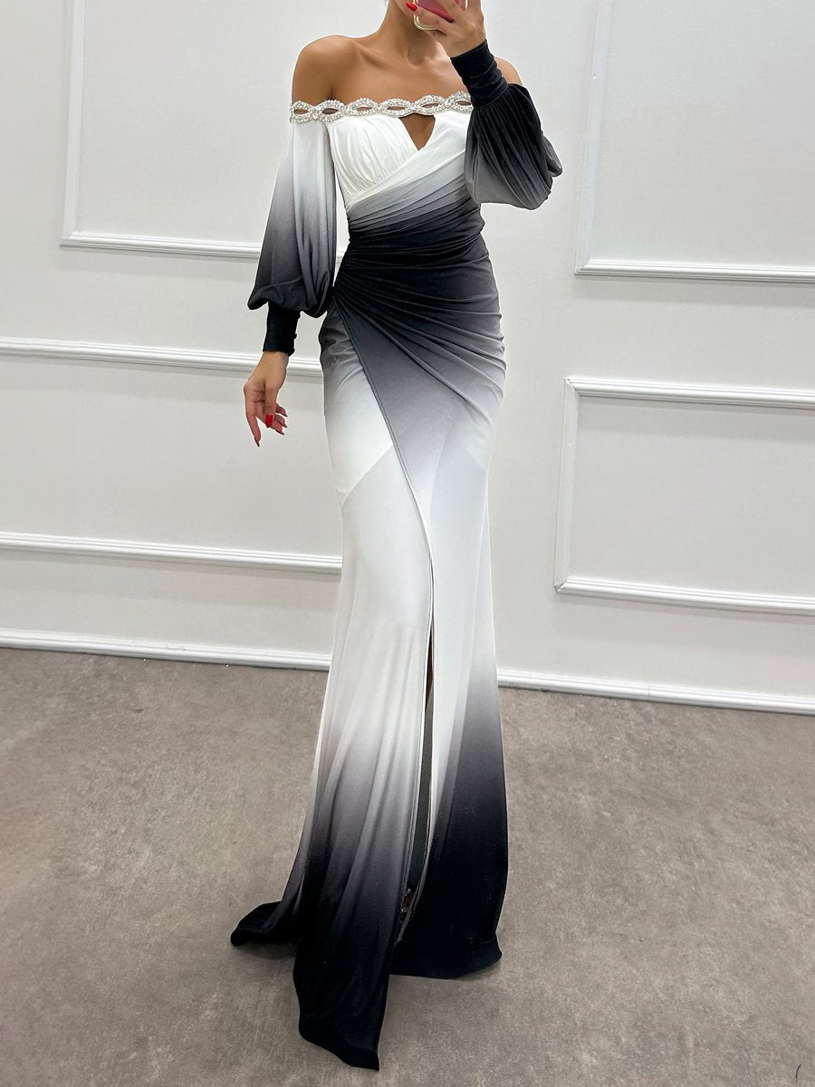 Off Shoulder Rhinestone Sparkle Long Sleeve Party Dress speciaic