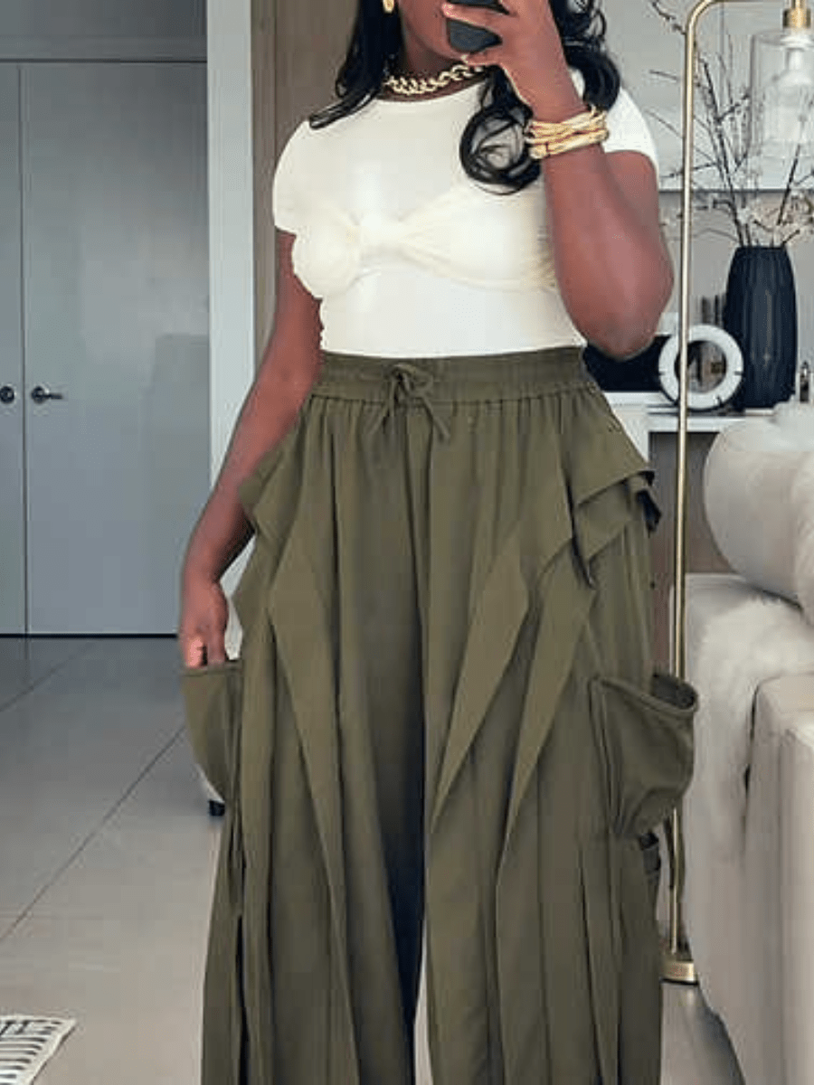 Olive Ruffle Cargo Wide-Leg Pants laseze