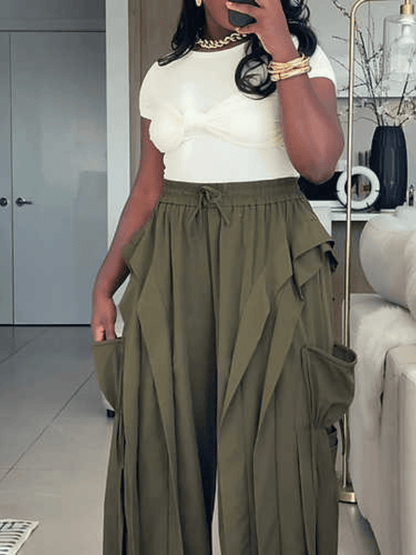 Olive Ruffle Cargo Wide-Leg Pants laseze