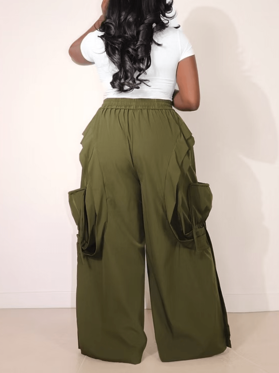 Olive Ruffle Cargo Wide-Leg Pants laseze