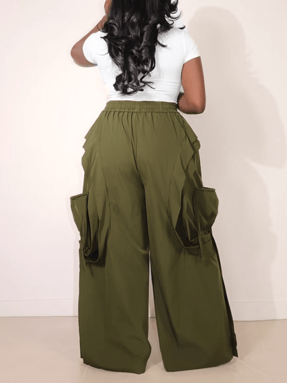 Olive Ruffle Cargo Wide-Leg Pants laseze