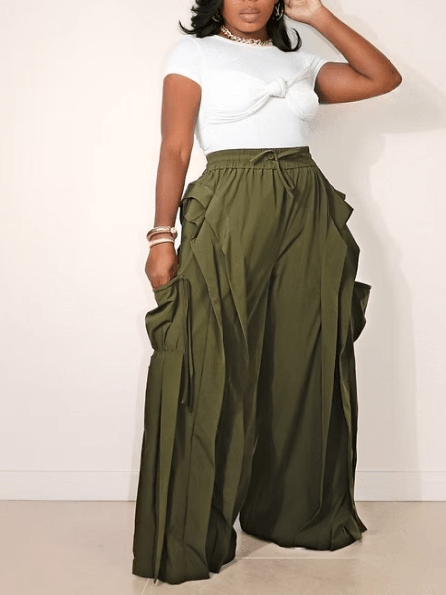 Olive Ruffle Cargo Wide-Leg Pants laseze