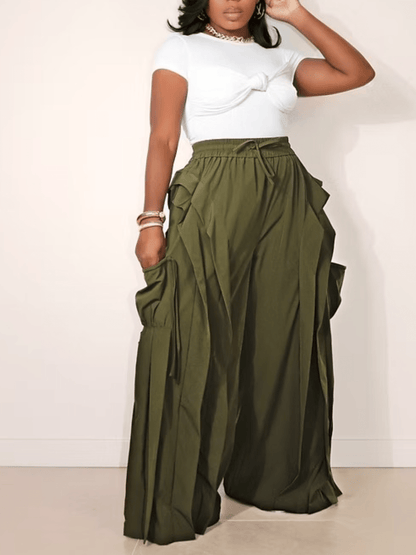 Olive Ruffle Cargo Wide-Leg Pants laseze