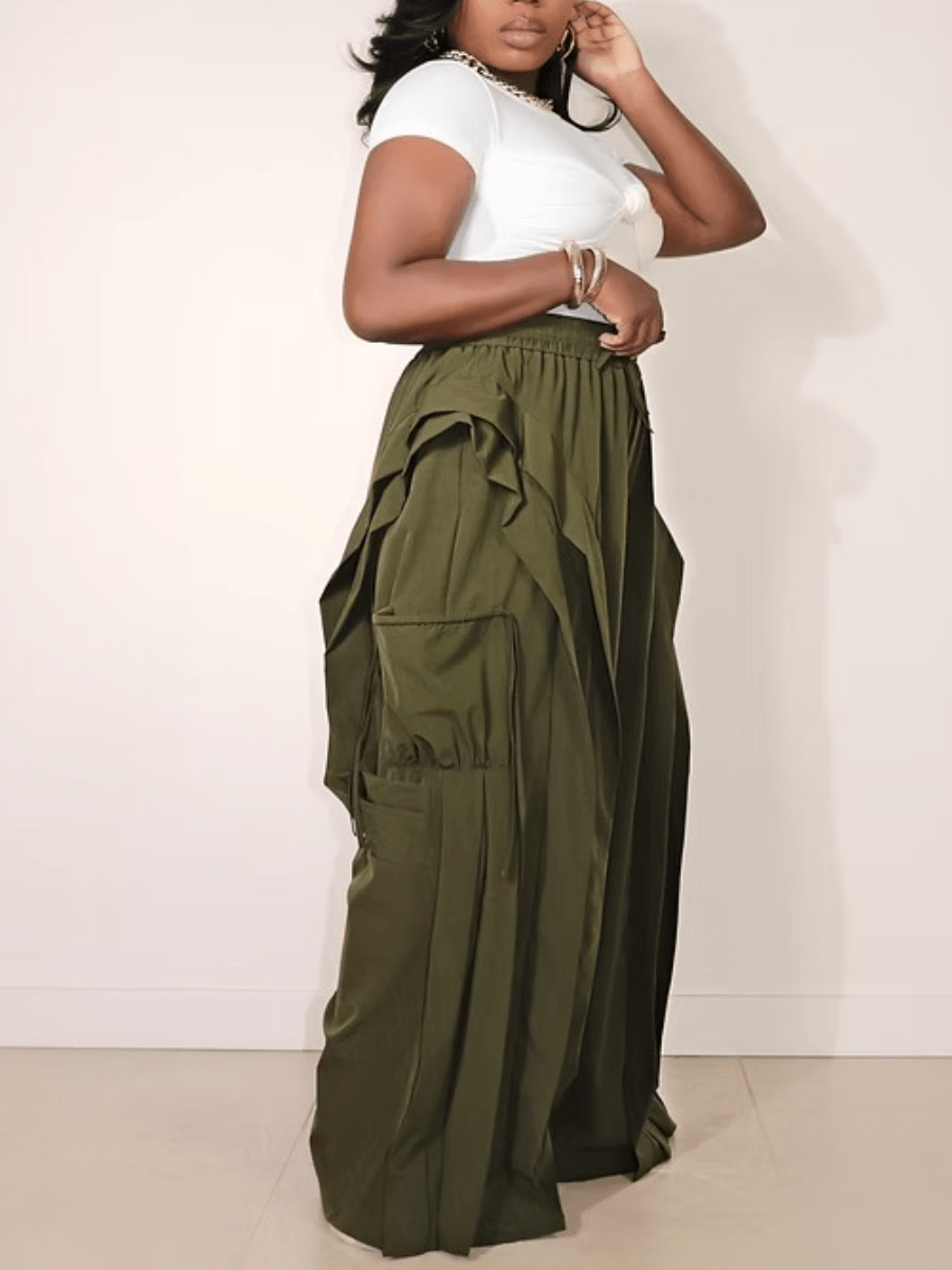 Olive Ruffle Cargo Wide-Leg Pants laseze