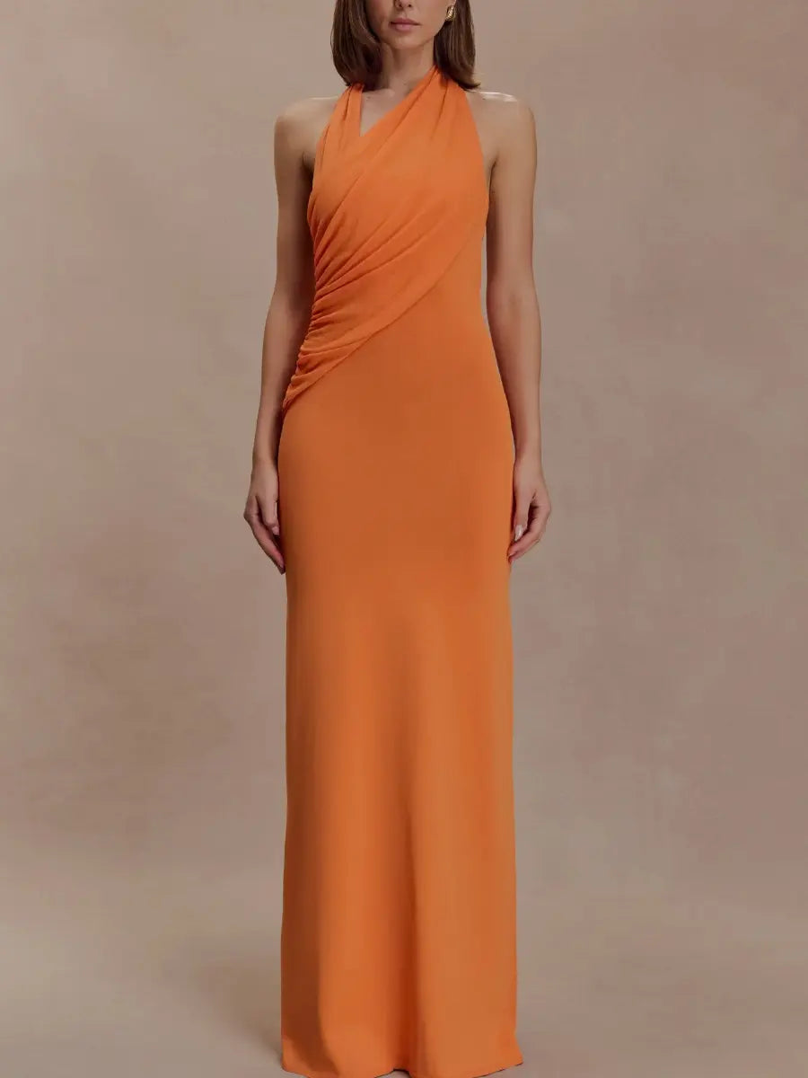 Orange Draped Halter Neck Backless Maxi Dress | Elegant Evening Gown - laseze