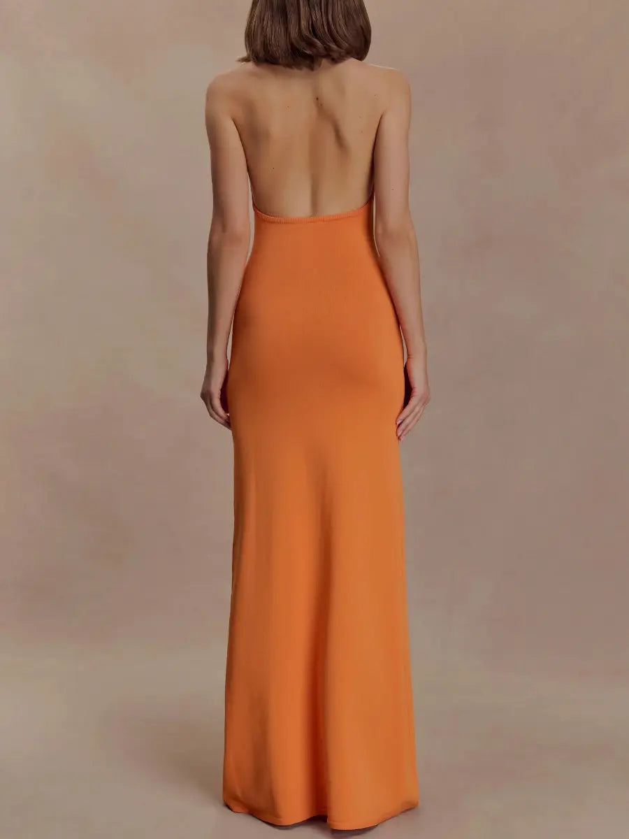 Orange Draped Halter Neck Backless Maxi Dress | Elegant Evening Gown - laseze
