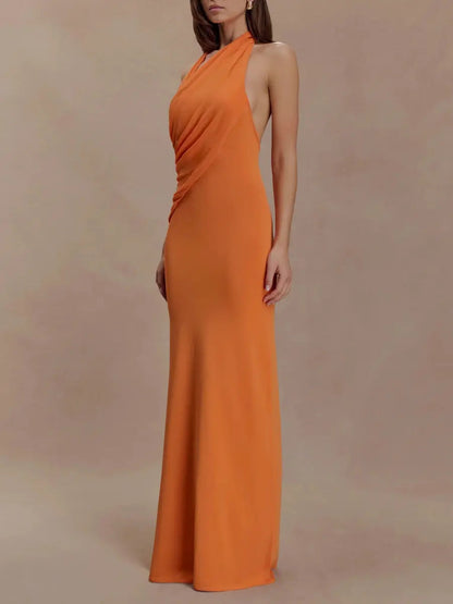 Orange Draped Halter Neck Backless Maxi Dress | Elegant Evening Gown - laseze