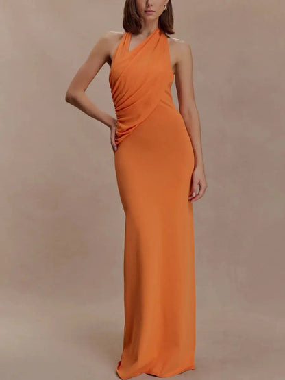 Orange Draped Halter Neck Backless Maxi Dress | Elegant Evening Gown - laseze