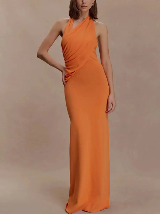 Orange Draped Halter Neck Backless Maxi Dress | Elegant Evening Gown - laseze