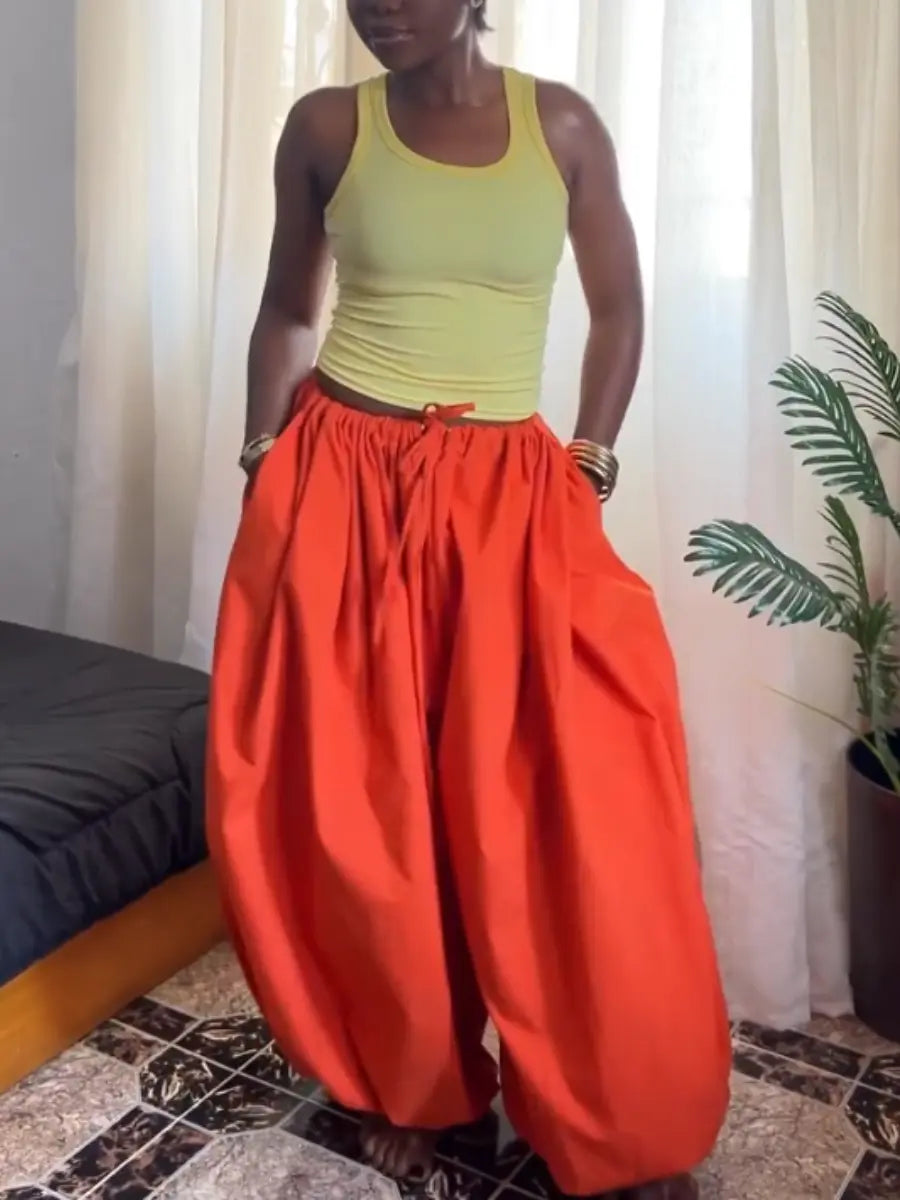 Orange Oversized Wide Leg Balloon Pants | Drawstring Hallen Pants - laseze