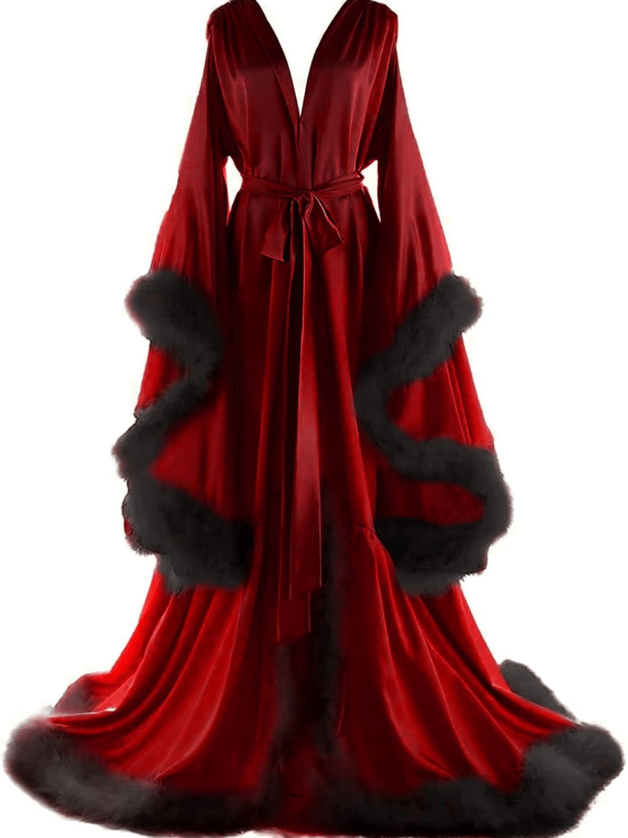 Oversized Bell-Sleeve Burgundy Robe (Black Fur Detailing) laseze