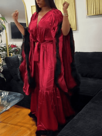 Oversized Bell-Sleeve Burgundy Robe (Black Fur Detailing) laseze