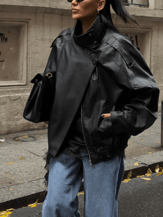 Oversized Black Textured Leather Jacket - laseze