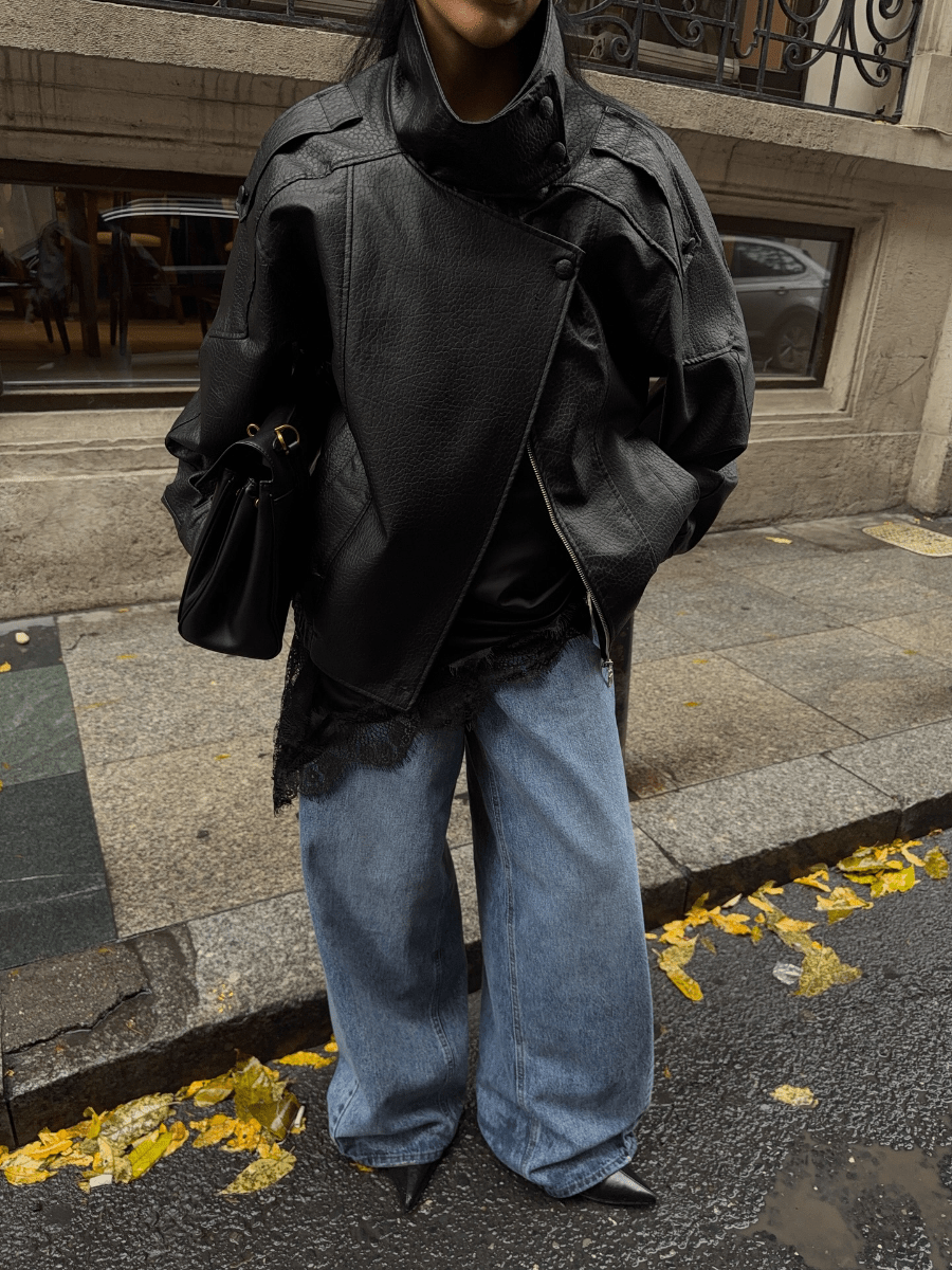 Oversized Black Textured Leather Jacket - laseze