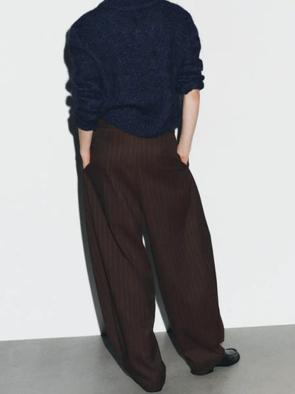 Oversized High - Waist Brown Pinstripe Wide - Leg Tailored Trousers - laseze