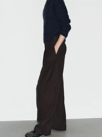 Oversized High - Waist Brown Pinstripe Wide - Leg Tailored Trousers - laseze