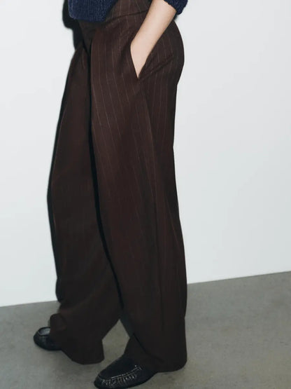 Oversized High - Waist Brown Pinstripe Wide - Leg Tailored Trousers - laseze