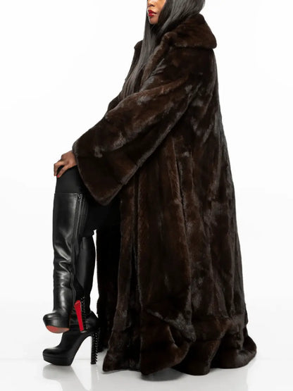Oversized Longline Dark Brown Faux Fur Full-Length Coat laseze