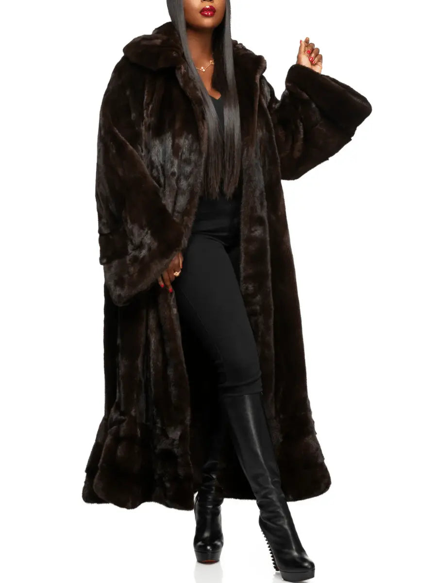 Oversized Longline Dark Brown Faux Fur Full-Length Coat laseze