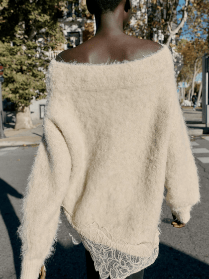 Oversized Off-the-Shoulder Mohair Knit Jumper With Lace Hem laseze