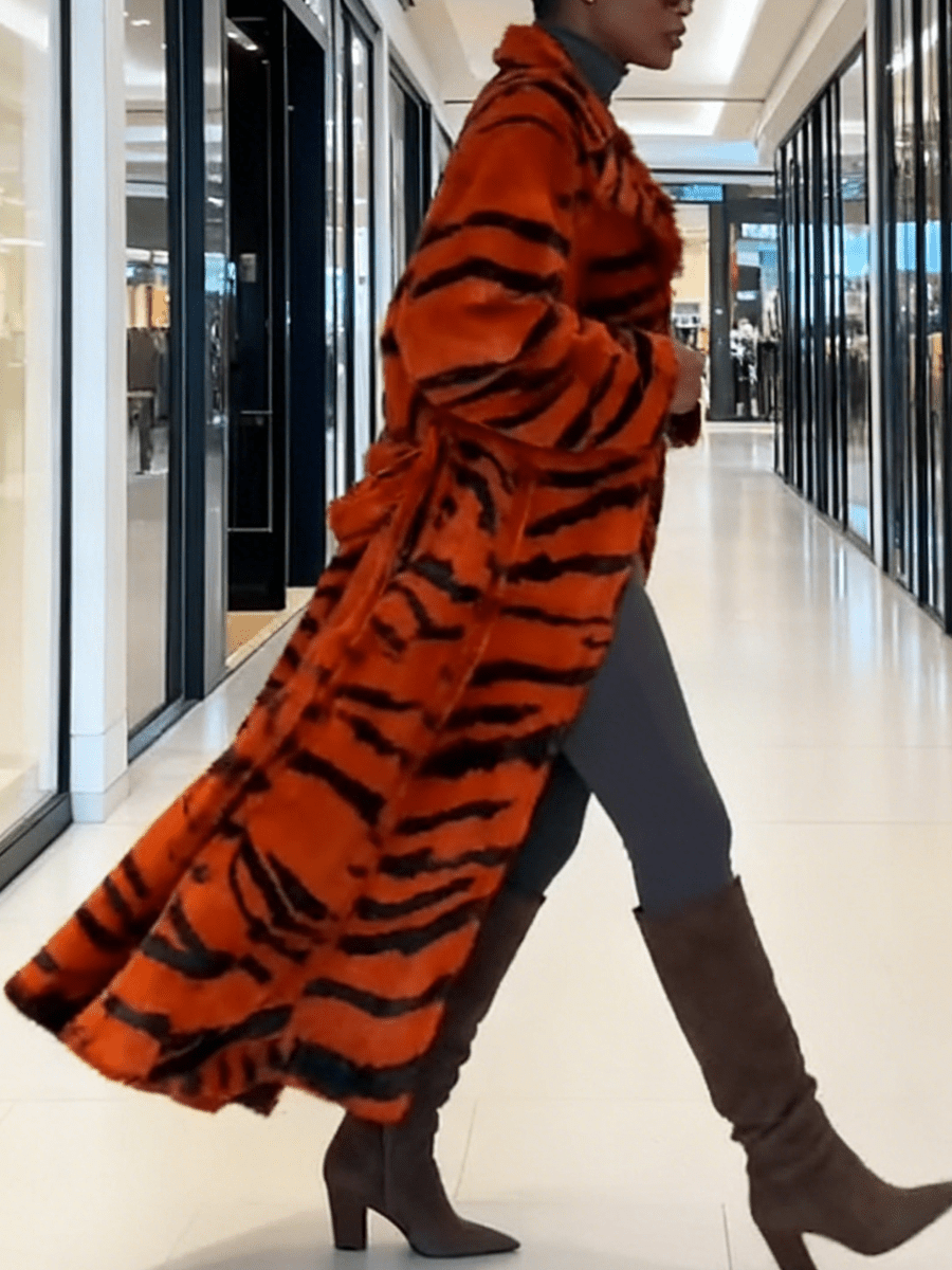 Oversized Tiger-Print Faux Fur Maxi Coat laseze