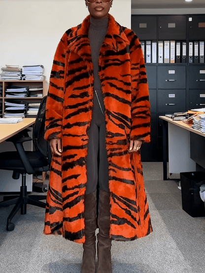 Oversized Tiger-Print Faux Fur Maxi Coat laseze