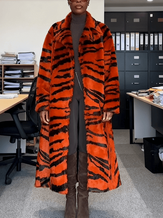 Oversized Tiger-Print Faux Fur Maxi Coat laseze