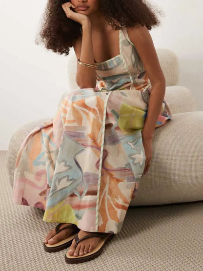 Pastel Watercolor Abstract Print Square Neck Linen Blend Maxi Dress - laseze