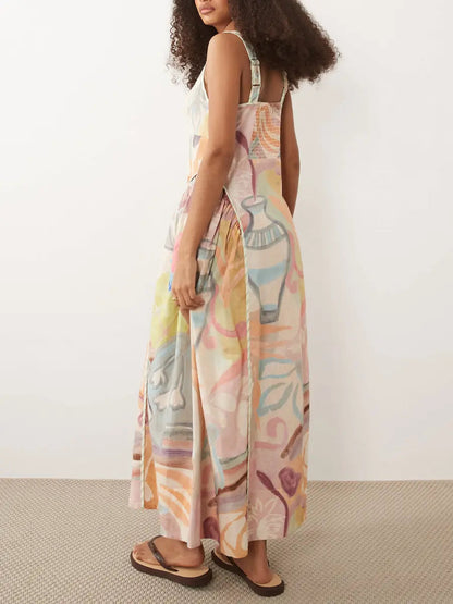 Pastel Watercolor Abstract Print Square Neck Linen Blend Maxi Dress - laseze