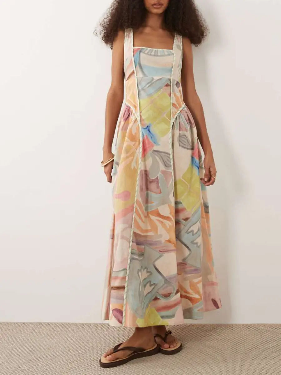 Pastel Watercolor Abstract Print Square Neck Linen Blend Maxi Dress - laseze