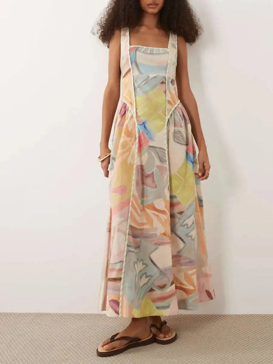 Pastel Watercolor Abstract Print Square Neck Linen Blend Maxi Dress - laseze