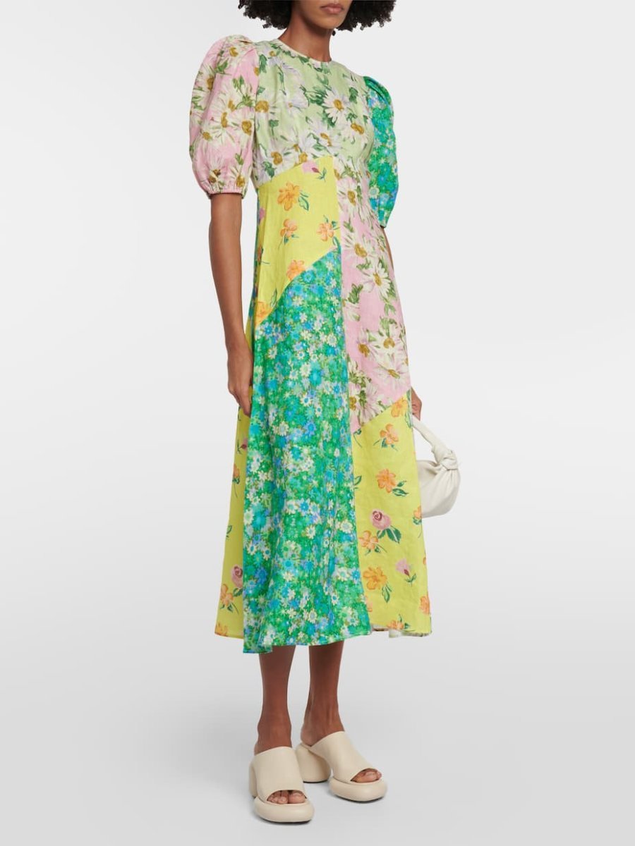 Patchwork Floral Printed Linen Midi Dress - laseze